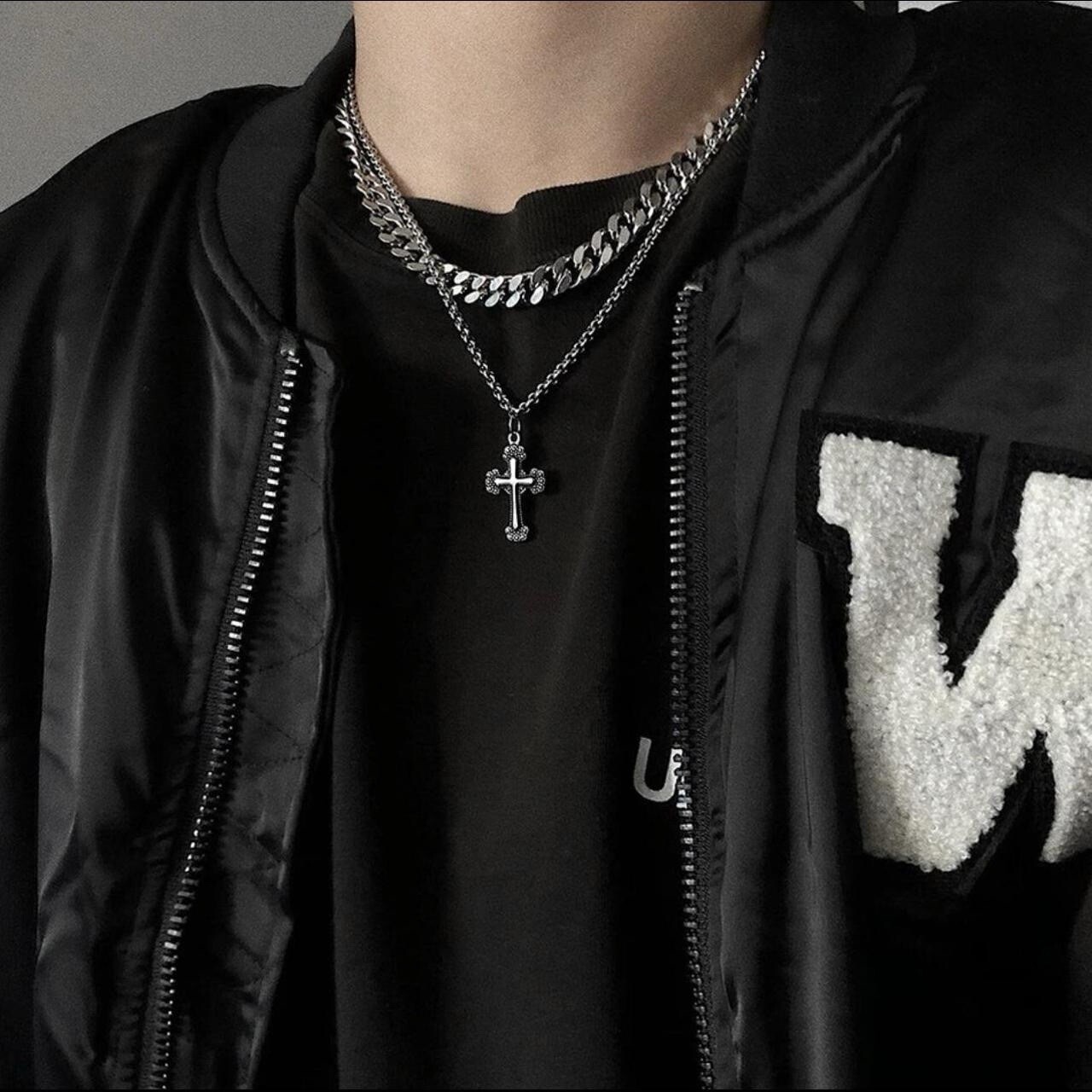 Mens Double Layer Cross Necklace Stainless Steel Chain Hip Hop Unisex Women New