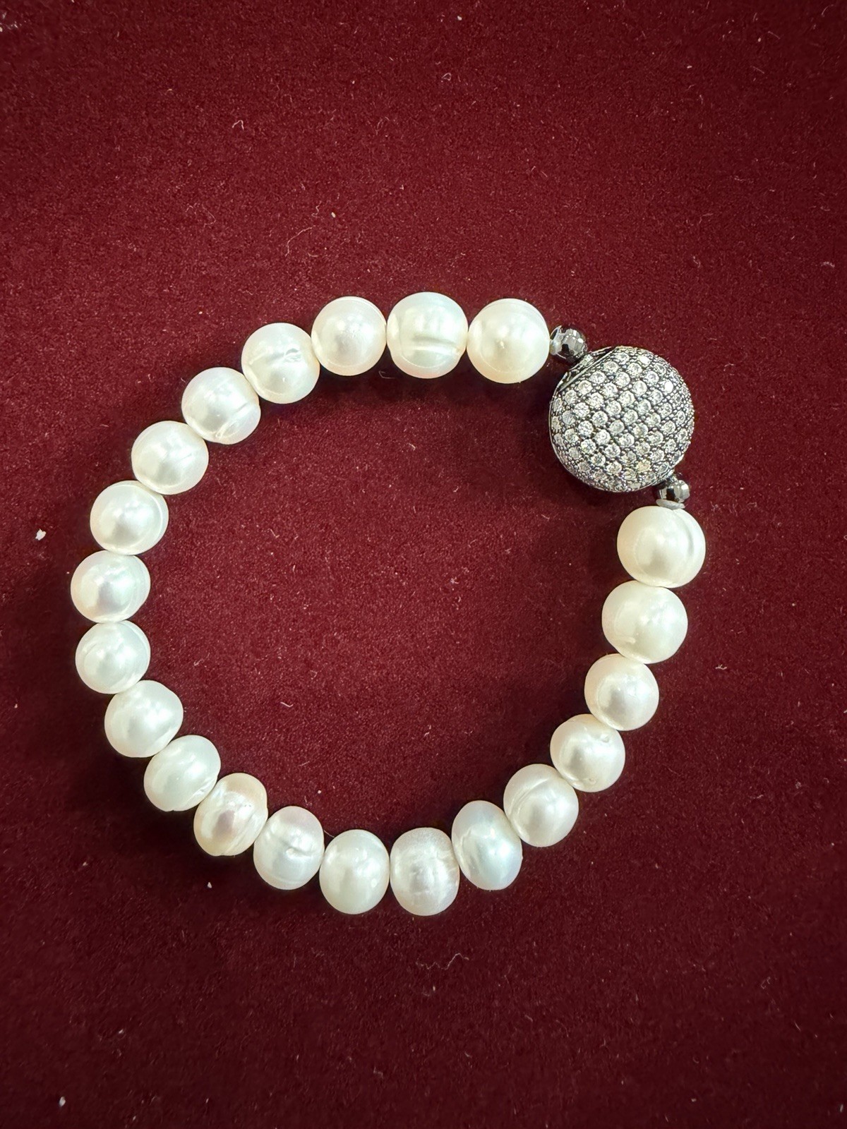 White Round Pearl Beaded Stretch Bracelet w/ Pavé Silver Dangle Charm