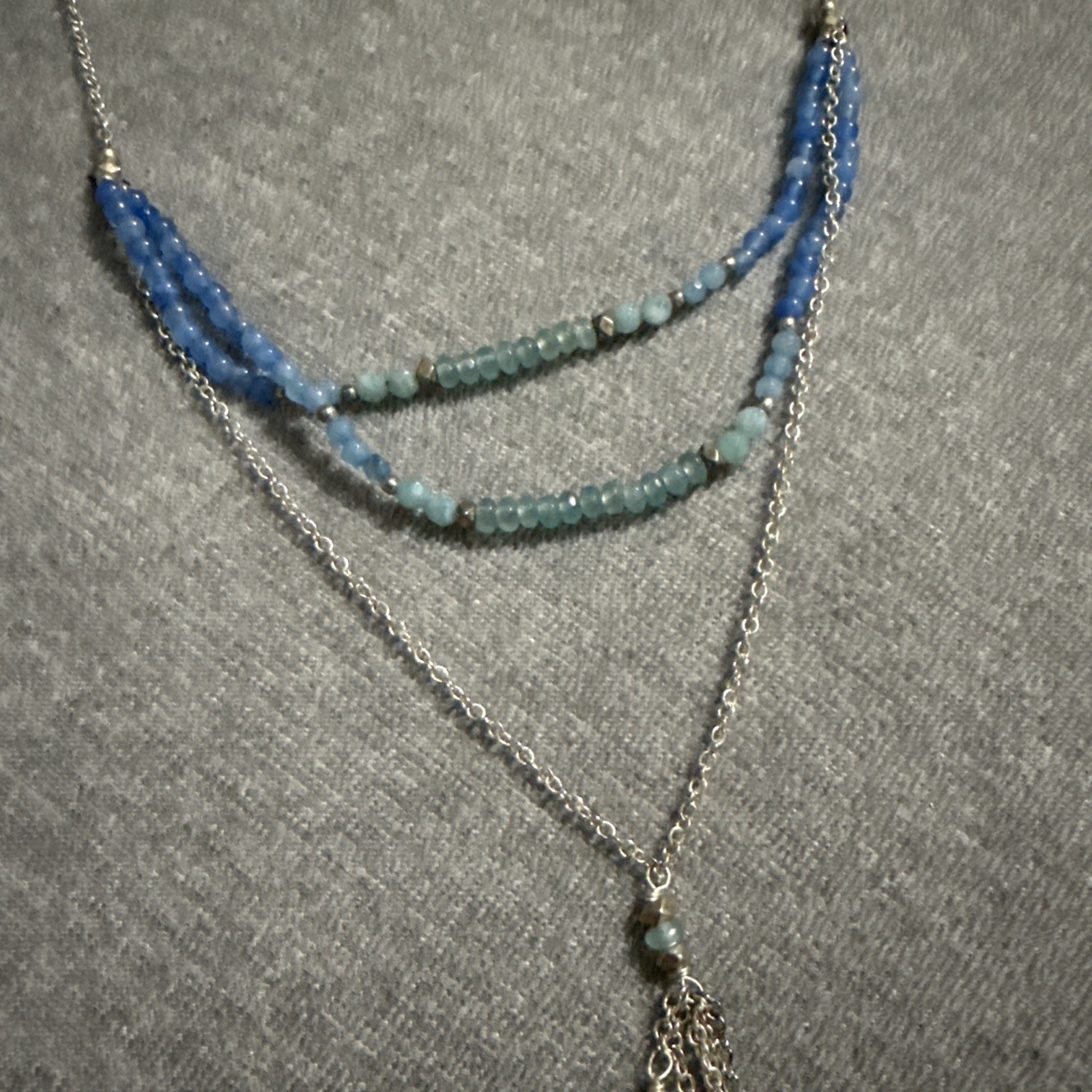 Nakamol Lariat Necklace Natural Blue Stones Bead Crystal Silver Chain Boho