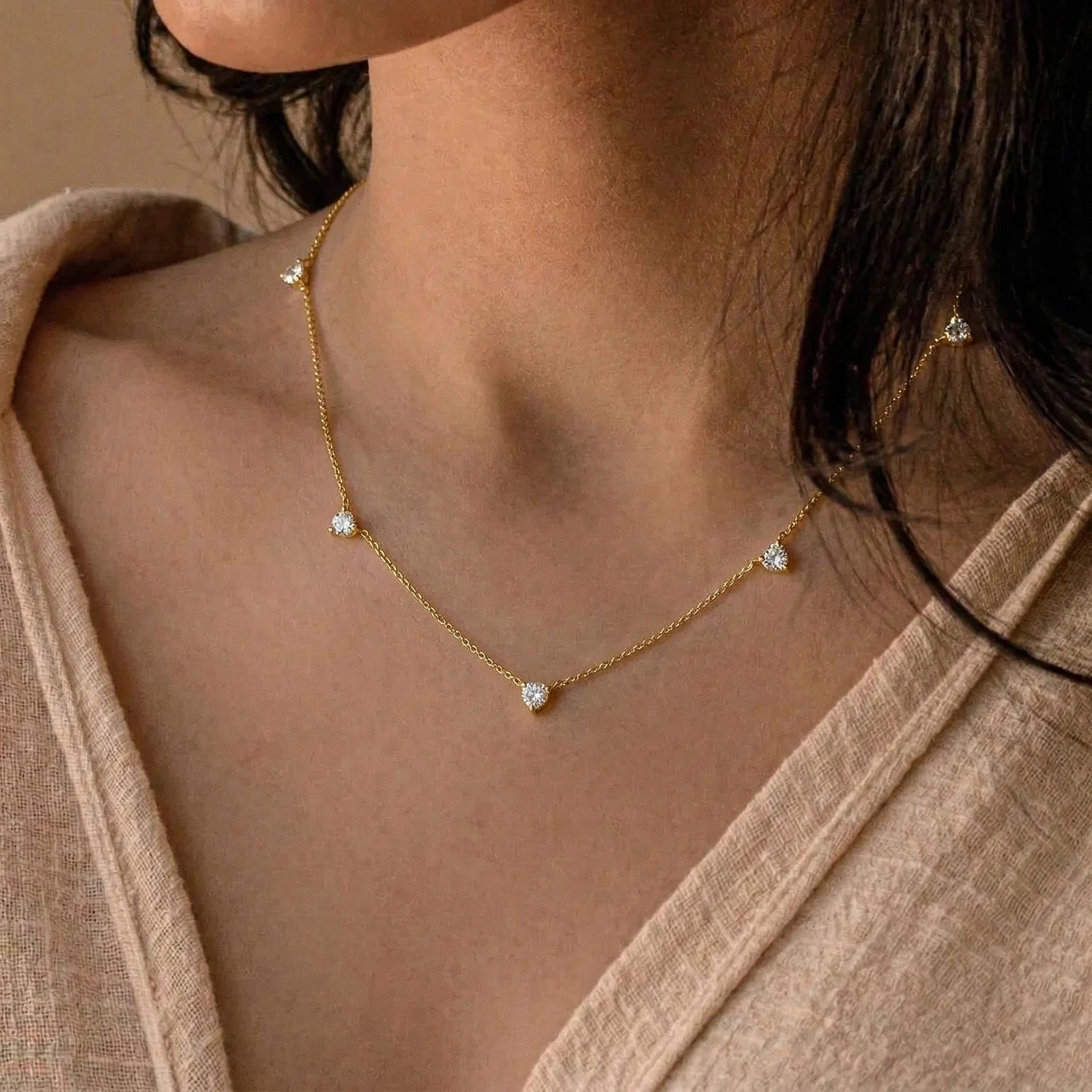 Moissanite Station Necklace for Women, Yellow Gold Plated Heart Cut Chain