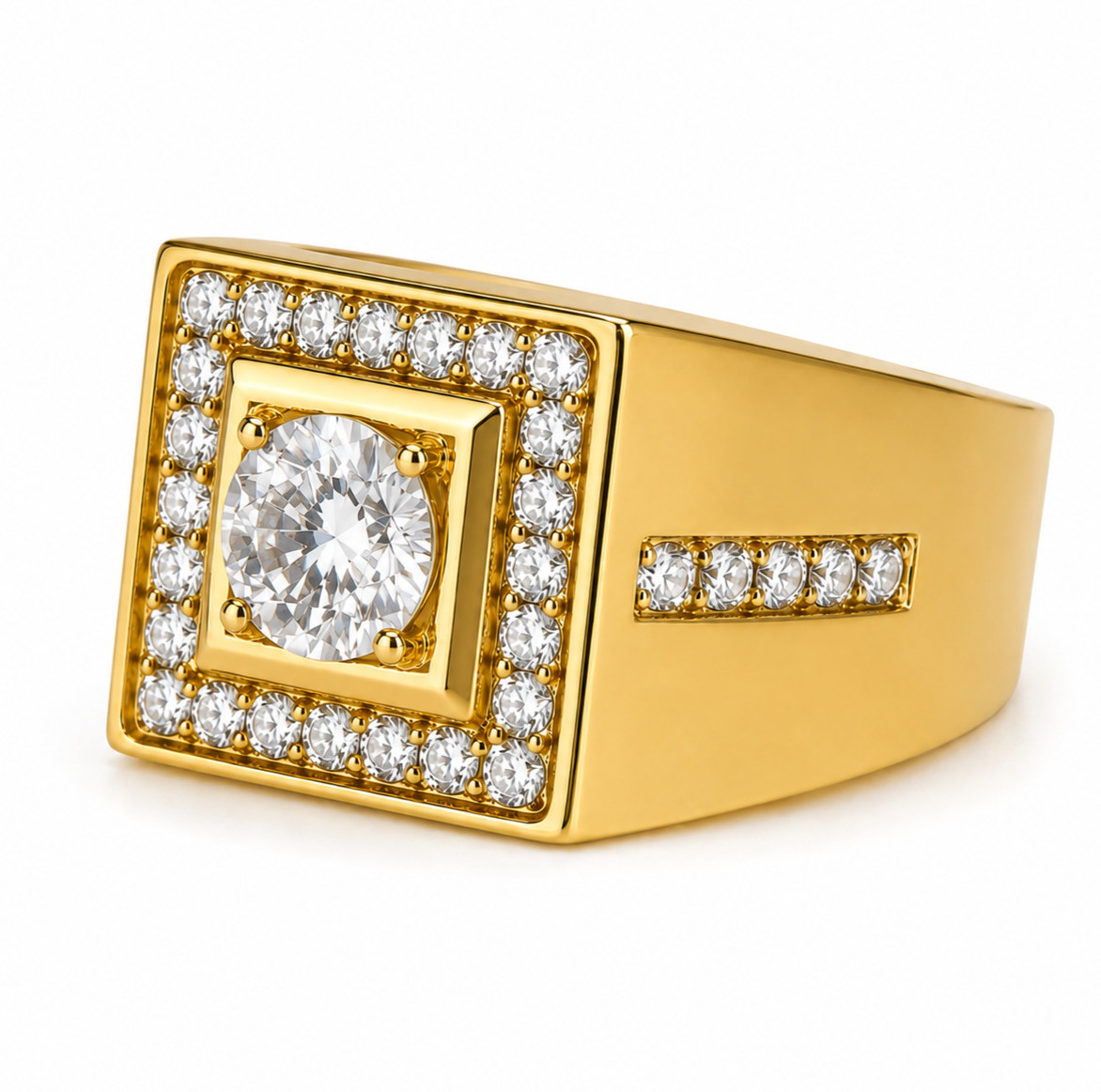 Italian 1/200 14k Yellow Gold Oro Iced CZ Signet Solitaire Ring Anillo Men Women