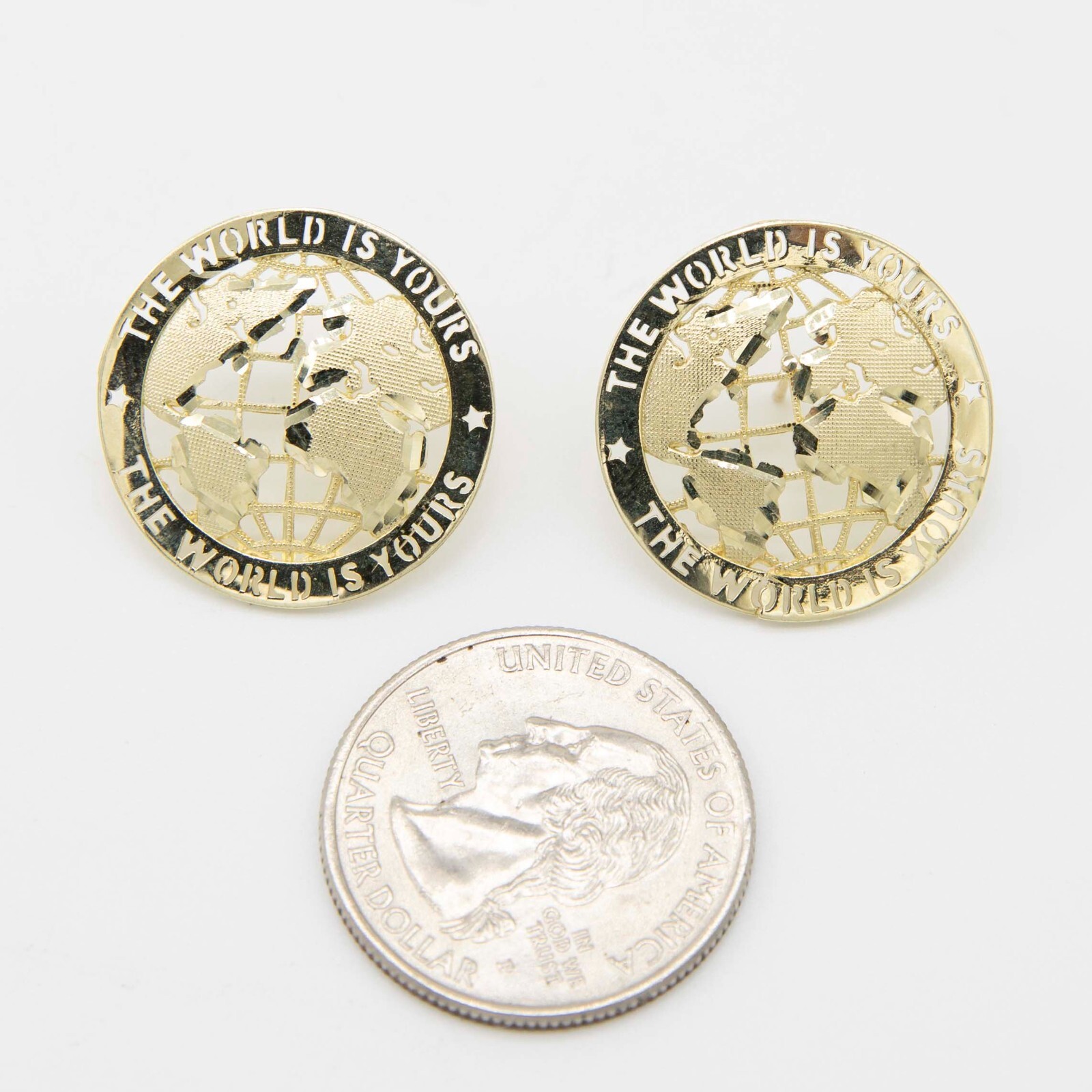 “The World is Yours” Stud Earrings Real Solid 10K Yellow Gold