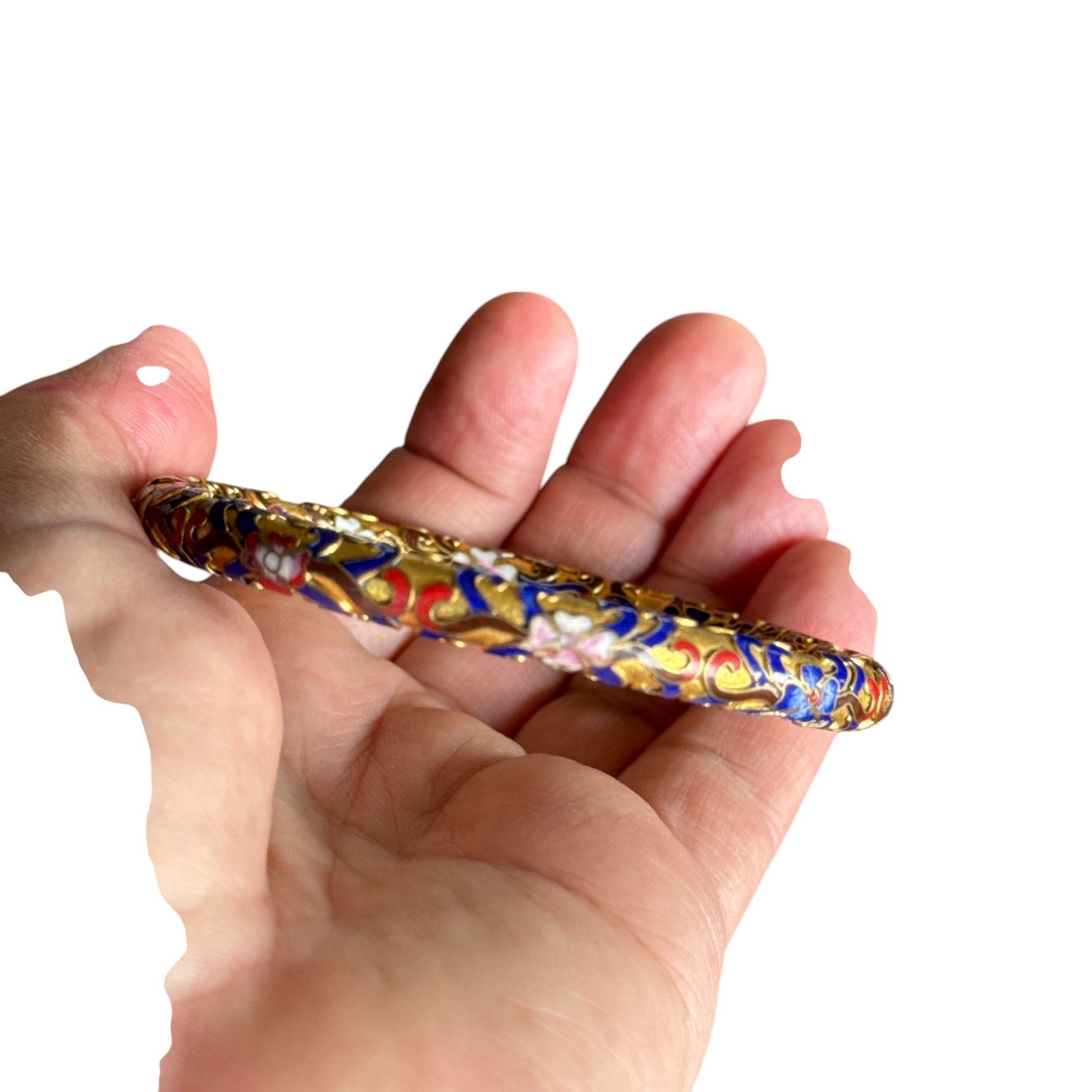 Vintage Cloisonné Enamel Bangle Bracelet Gold-Tone With Blue & Red Swirl Pattern