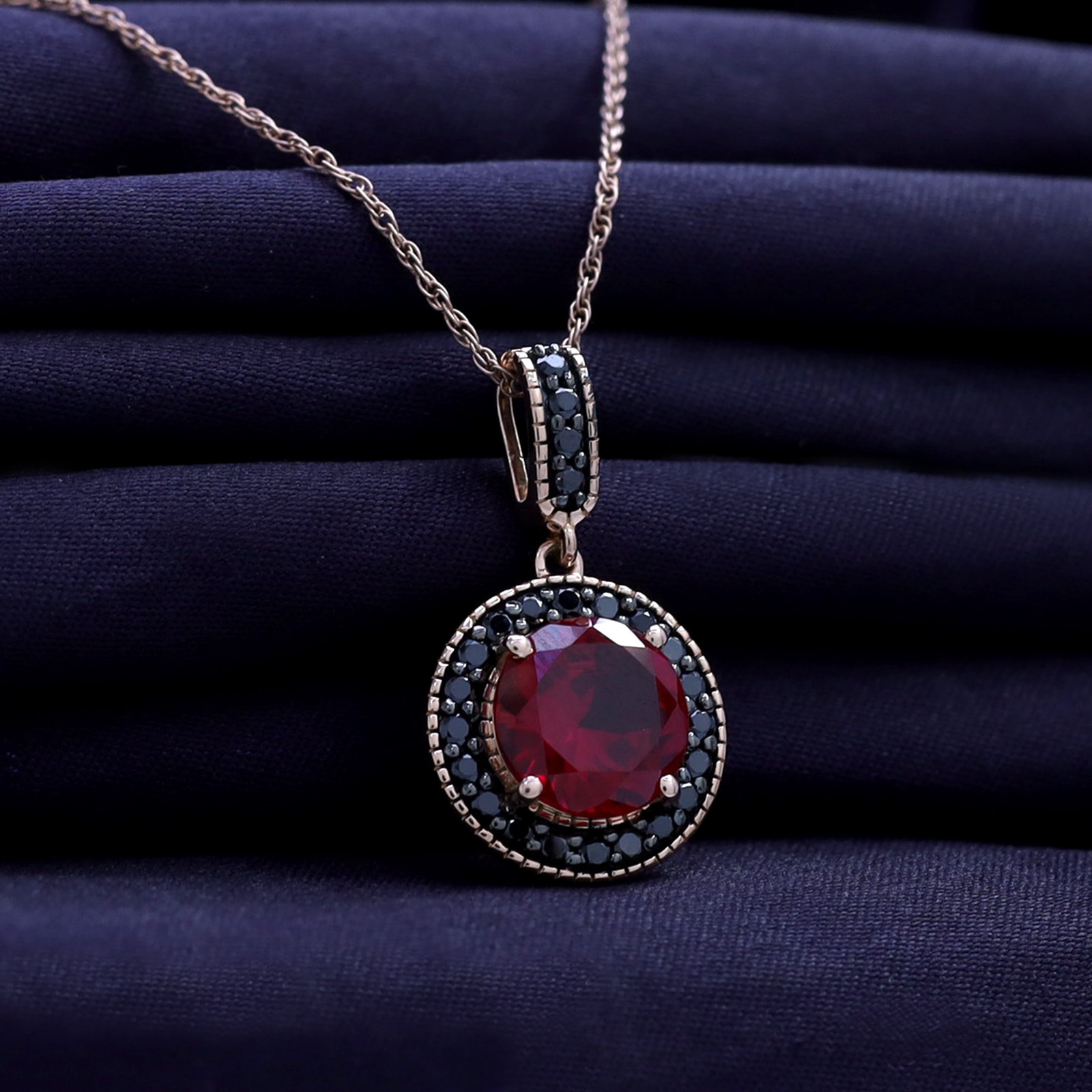 Simulated Pink Ruby & Black Spinel Dangle Pendant Necklace 14k Rose Gold Plated