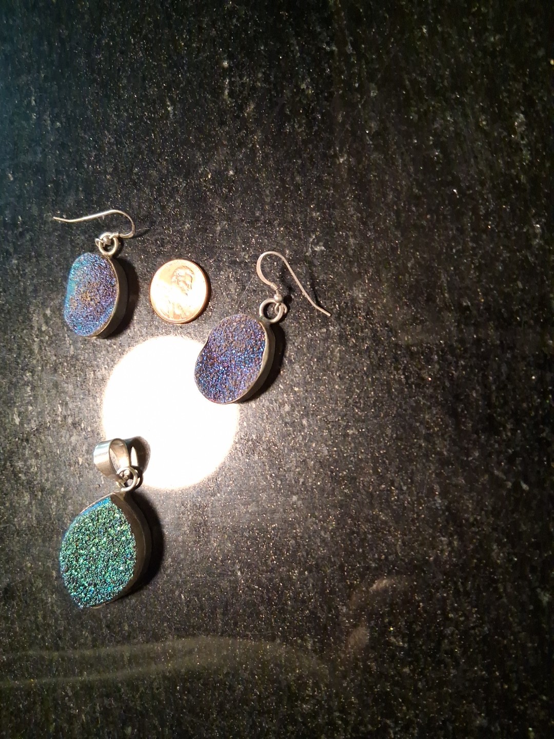 ​Iridescent Blue Aura Druzy 925 Sterling Silver Set 28.5g Pendant/Earrings