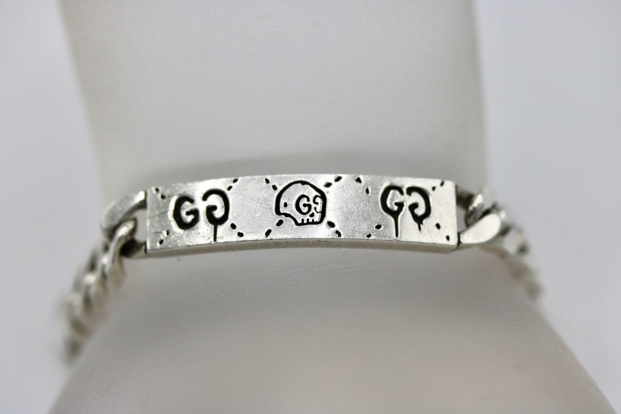Authentic 925 Sterling Silver Men’s Gucci Ghost Bar ID Curb Link Bracelet