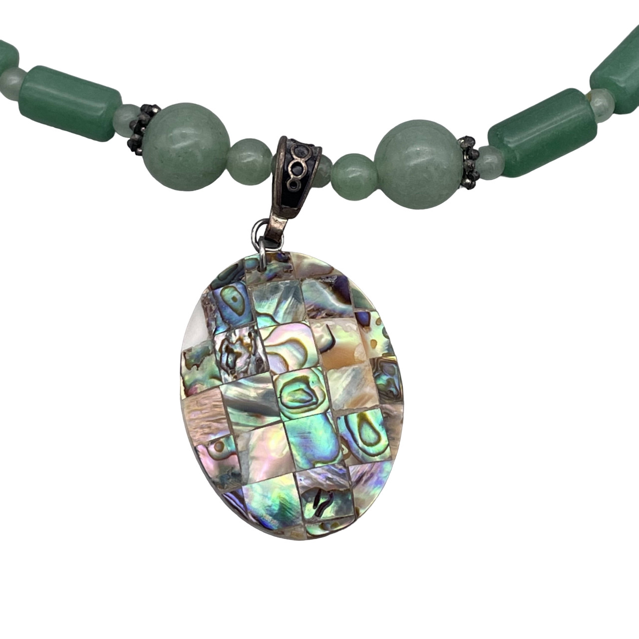 Jade Tube Beaded Abalone Shell Pendant Necklace 18 to 20 Inches