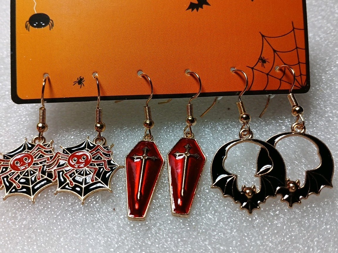 Classic Halloween Earrings, Set Of 3 Pair,Dangling, Goldtone, All Ages