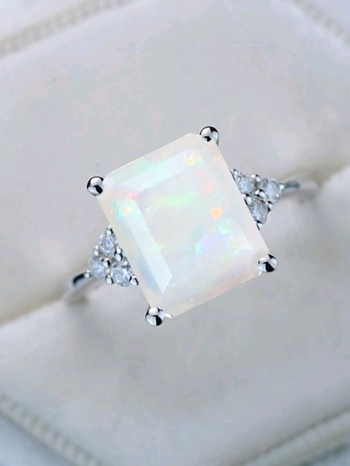 Silver-Plated Zinc Ring Square Cut Opal Stone Size 7