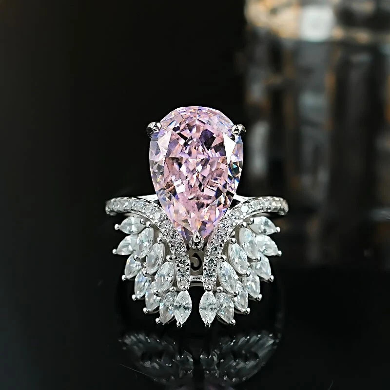 9ct Pink Diamond Angel Wings Ring, 18K Gold Vermeil, Pear Cut All Size