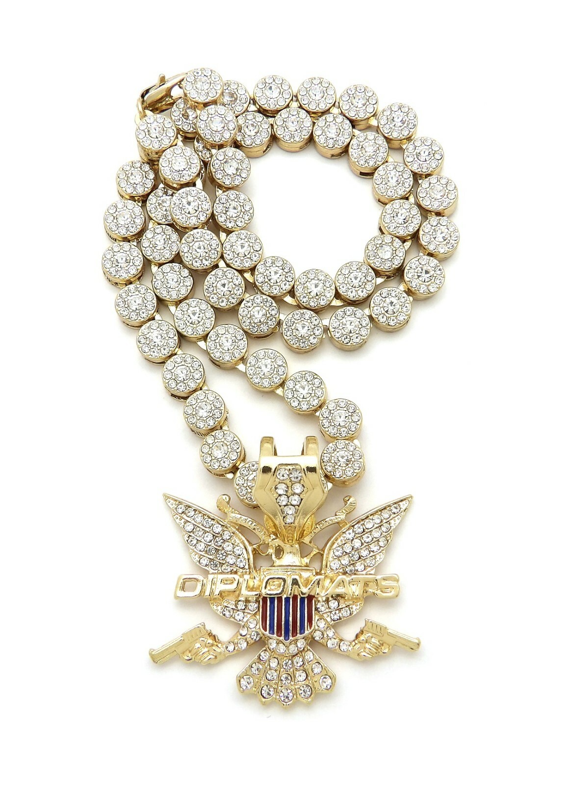 Hip Hop Iced DIPLOMATS Eagle Pendant & 8mm 18″ Cluster Choker Chain Necklace