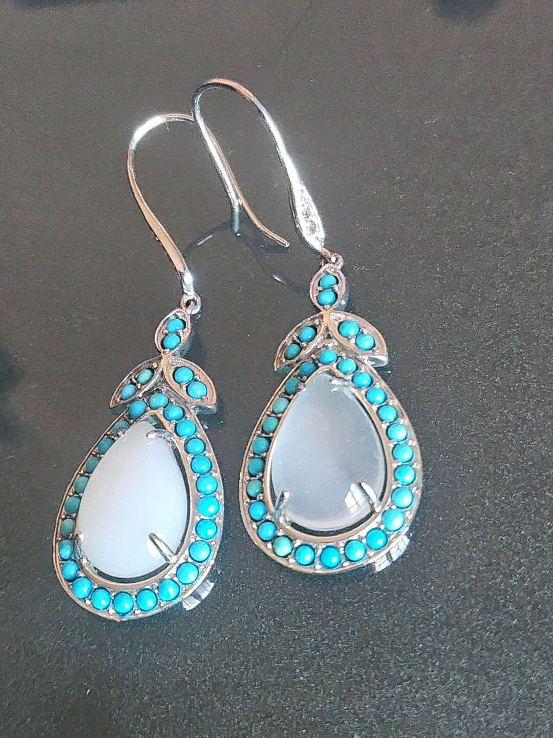 Affinity Gems Moon Stone & Blue Turquoise Sterling Silver 925 Drop Earrings NWOT
