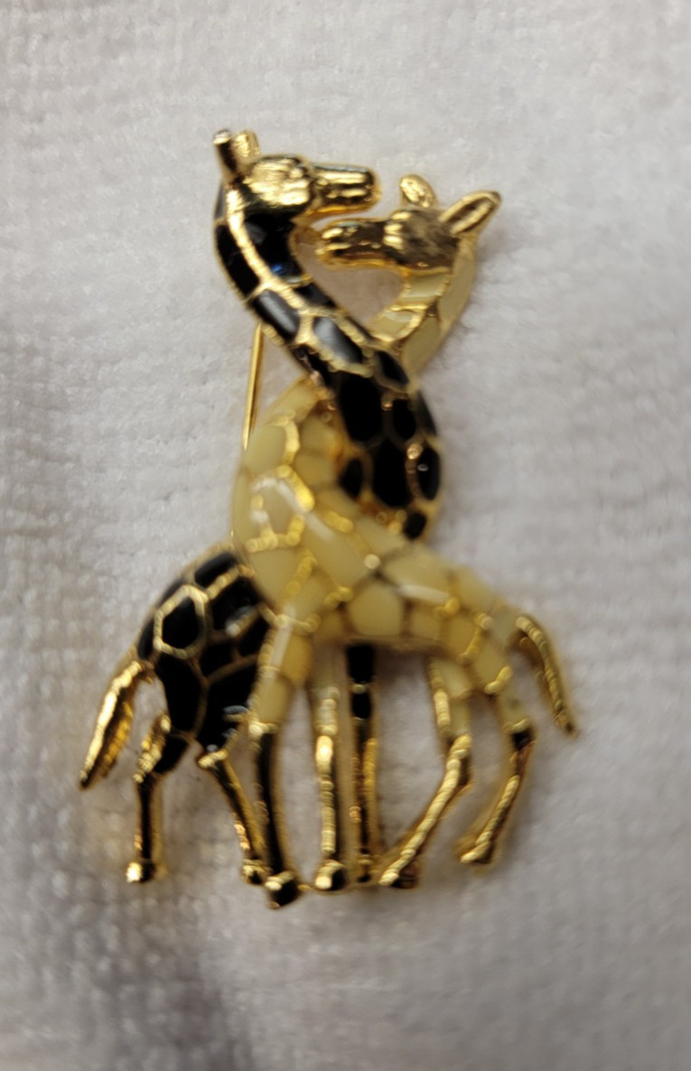 Vintage Gold Tone Black Cream Enamel Intertwined Giraffes Brooch Pin