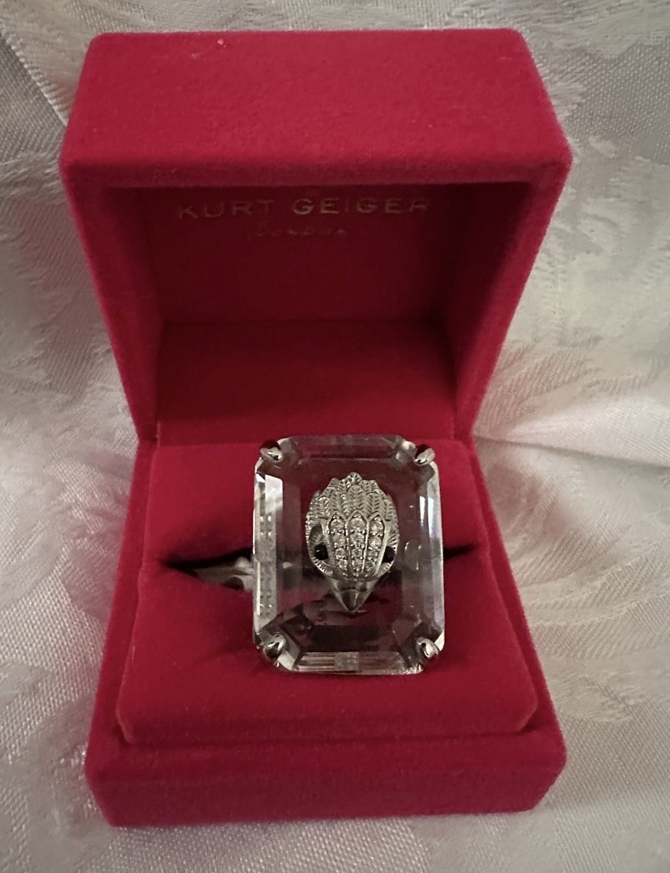 KURT GEIGER LONDON CRYSTAL COCKTAIL SQUARE RING L SZ 8 RED VELVET BX NEW