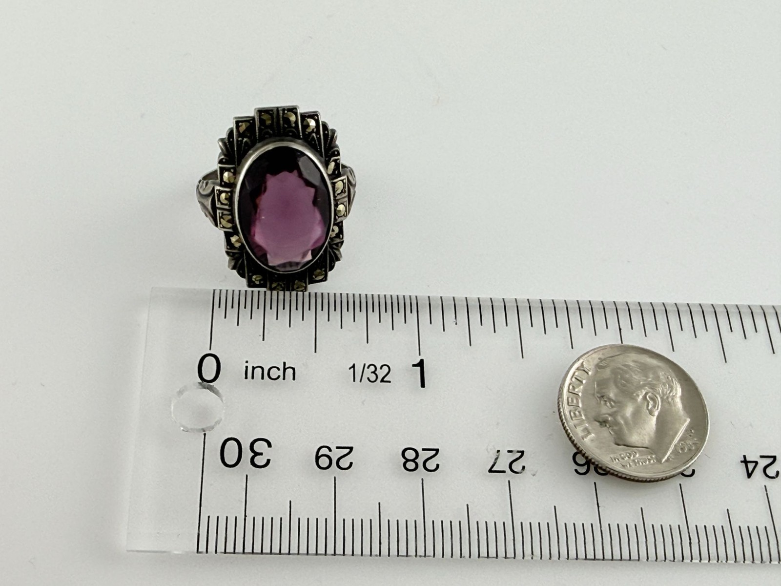 Vintage Uncas Manufacturing Sterling Silver Purple Glass Marcasite Ring Sz 6.25