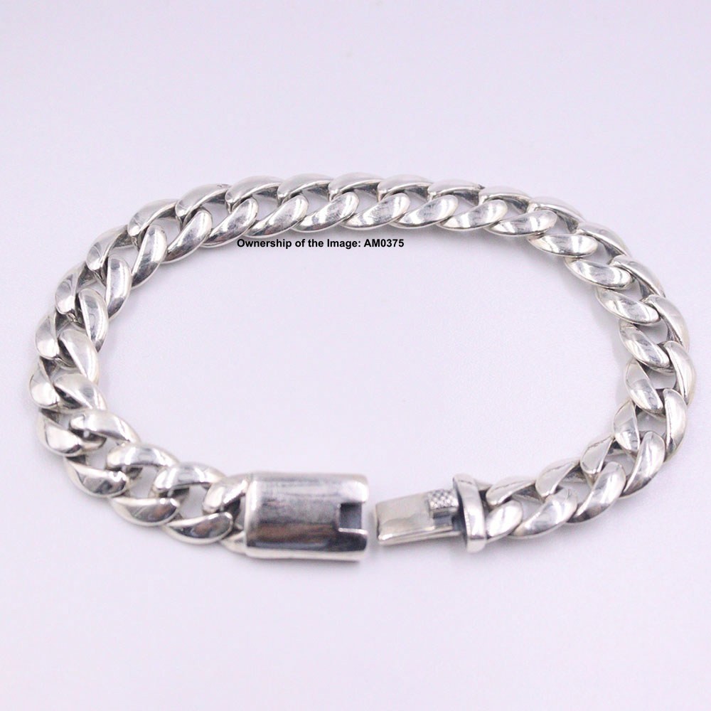 Real S925 Sterling Silver Women Men’s Bracelet 10.5mm Curb Link Chain 8.26inch