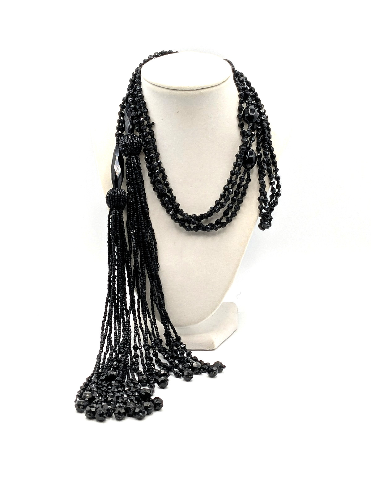 Antique Art Deco French Jet Black Glass Sautoir Open End Tassel Flapper Necklace