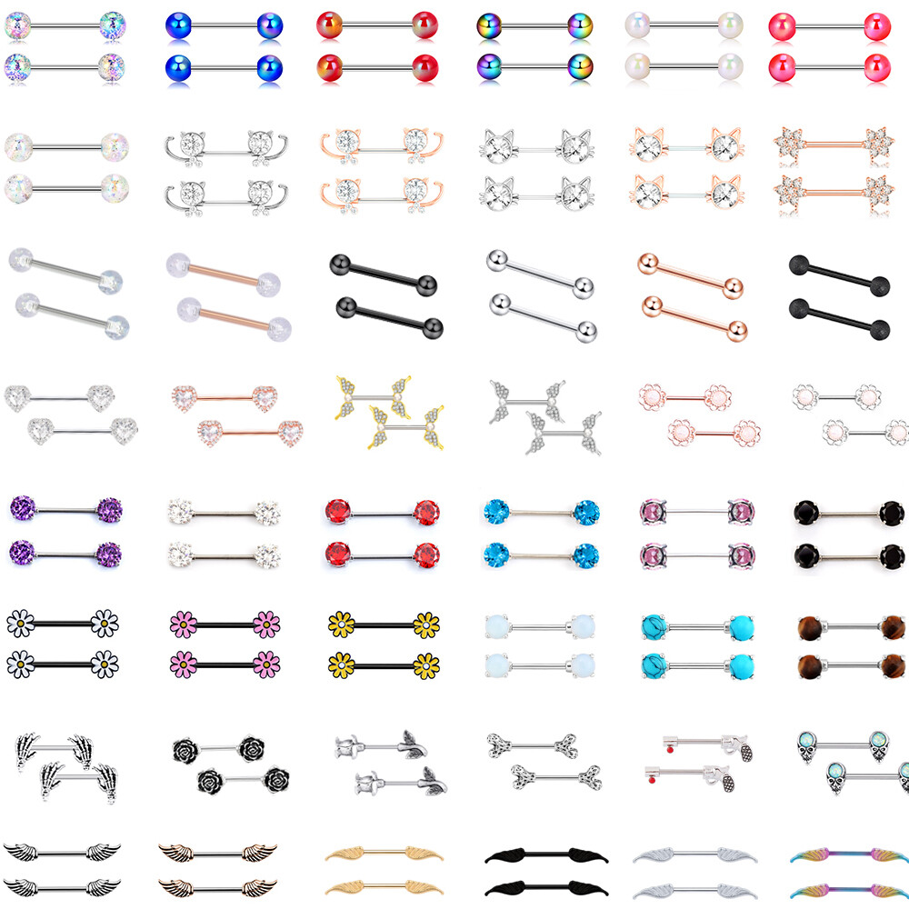 2pcs 14G Nipple Rings Tongue Rings Surgical Steel Straight Barbell CZ Piercing