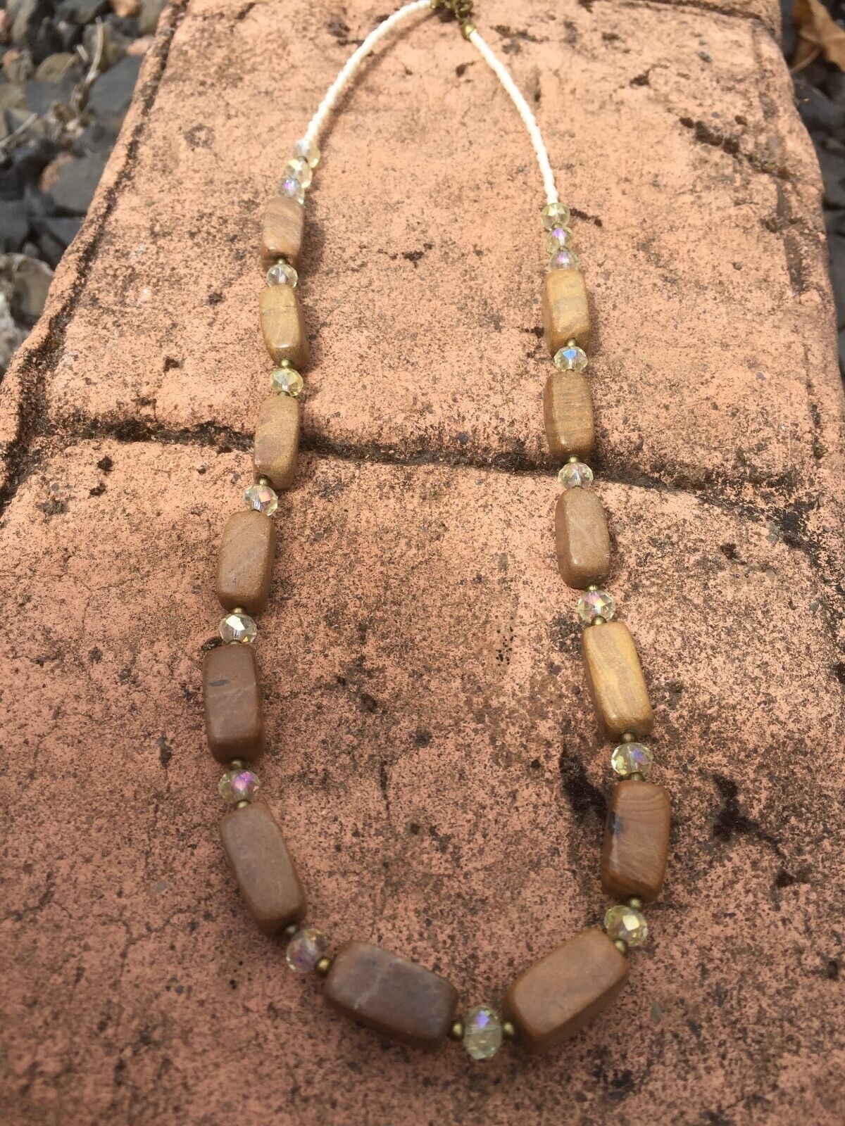 Handmade Necklace of Brown Marble and Pale Yellow Crystal Glass w/ Bronze Beads