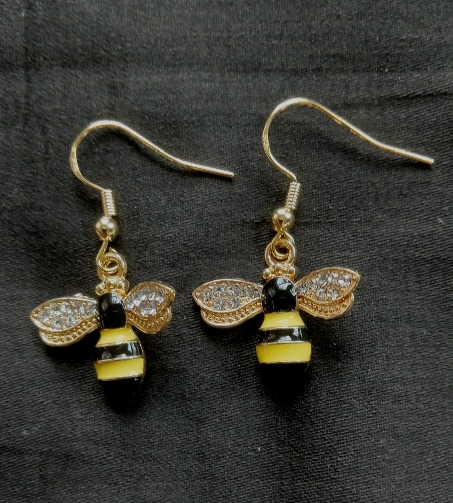 HONEY BEE DROP DANGLE EARRINGS goldplated Yellow Black Enamel with Rhinestones