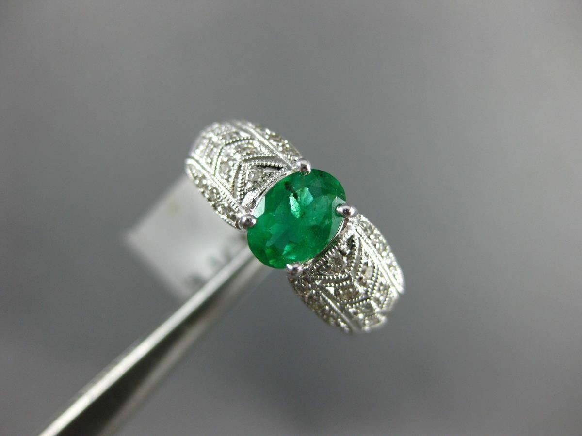 ESTATE .92CT DIAMOND & COLOMBIAN EMERALD 14K WHITE GOLD FILIGREE ENGAGEMENT RING