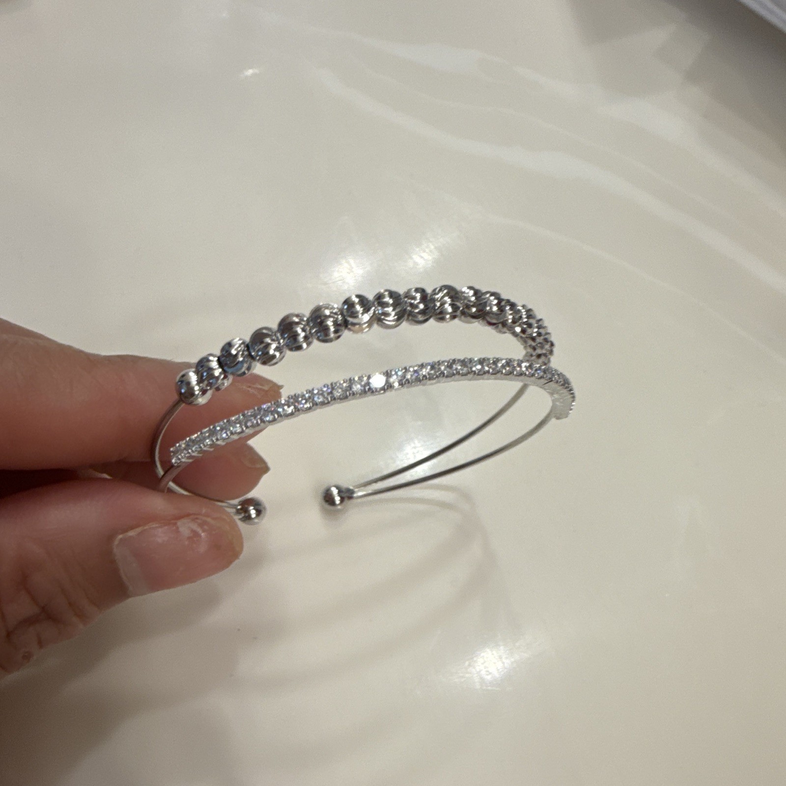 Silver Tone Open Cuff Bangle Bracelet, Clear Round Rhinestones, Prong Set