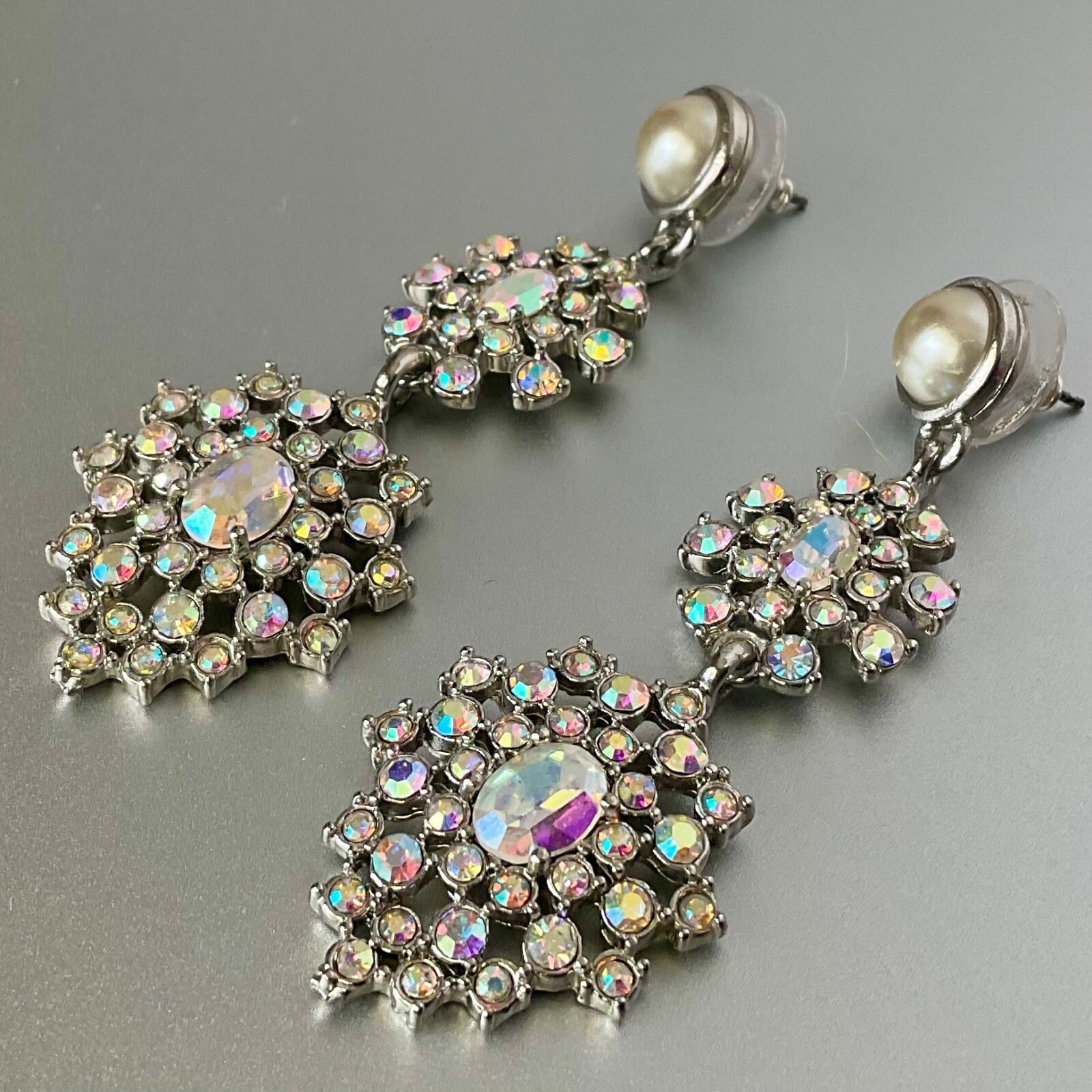 Aurora Borealis Rhinestone Drop Dangle Post Earrings Statement Snowflake Shimmer