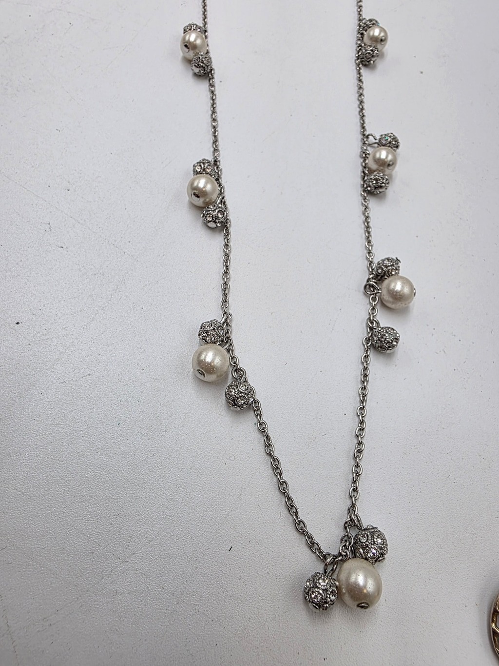 Ann Taylor Silver Tone Faux Pearl & Crystal Station Necklace 32″ Long