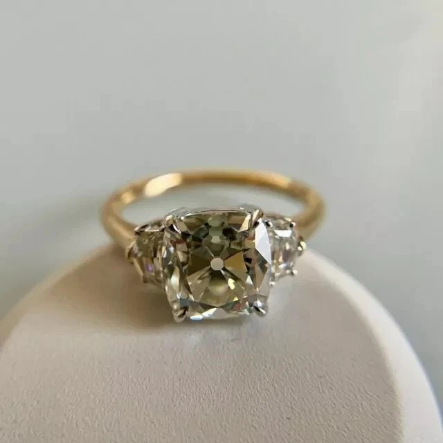 2.50Ct Cushion Cut Moissanite Three Stone Engagement Ring Silver Yellow Gold FN
