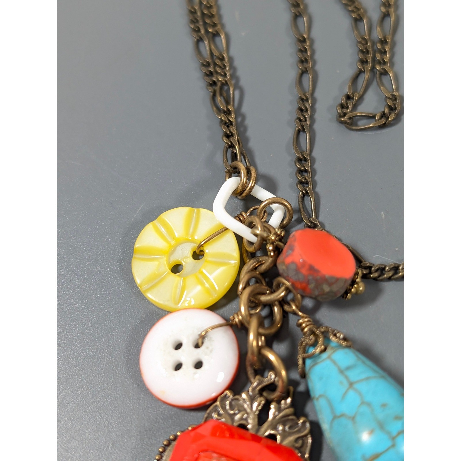 Grandmother’s Buttons Glass Charm Necklace Bronze Tone 27 Inch Artisan