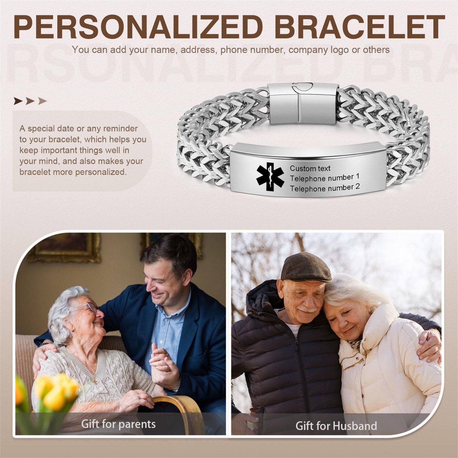 2PCS Free Engraving Medical ID Bracelet Stainless Steel Emergency Wristband