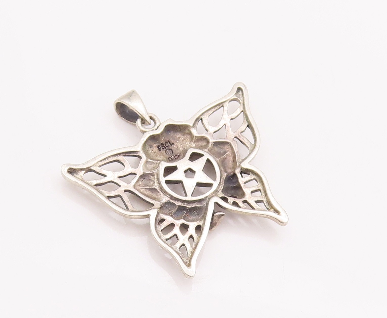 925 Sterling Silver Vintage Pendant PETER STONE Masonic Floral Carved PT22955