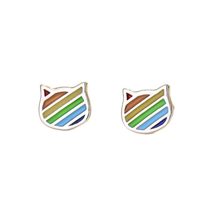 Rhodium Rose Gold Sterling Silver Colorful Cat Face Stud Earrings Gift Box H18
