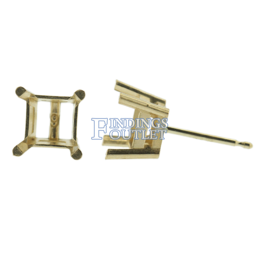 14k Yellow Gold Princess Stud Earring Mounting Setting Push Back Post 4 Prong