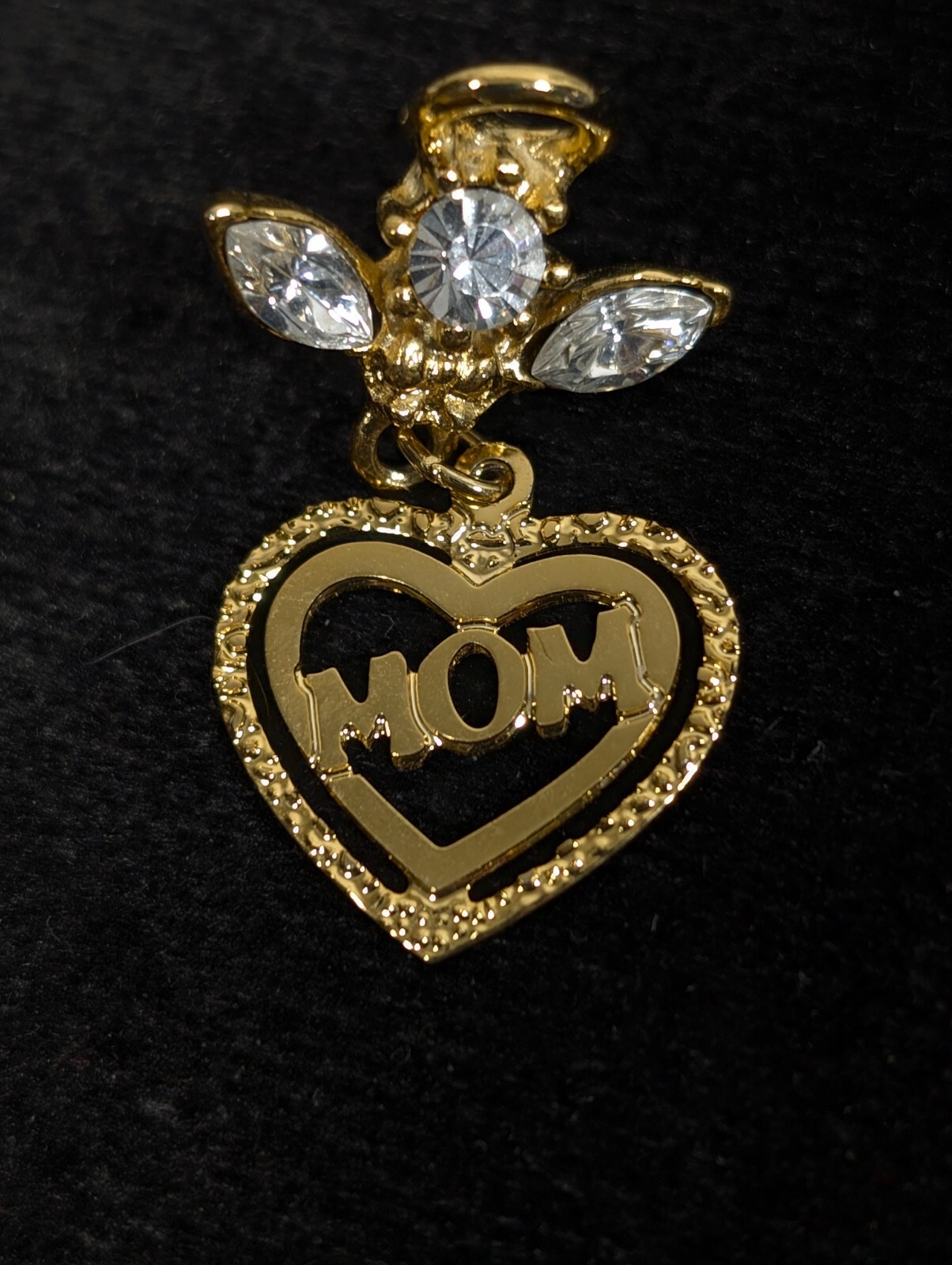 Vintage Guardian Angel Mom Heart Charm Clear Rhinestone Pin Brooch Small