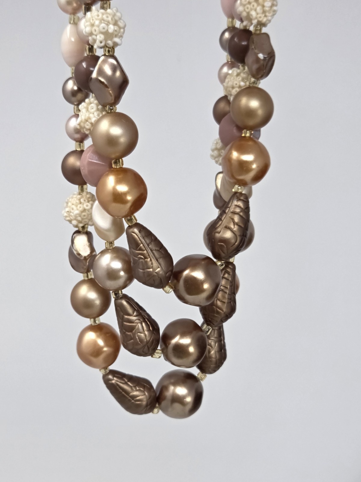 Vintage Triple Strand Taupe Neutrals Faux Pearl Glass Necklace 16-18″ Japan
