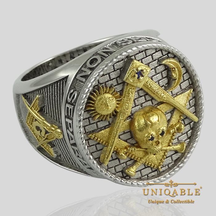 Masonic Memento Mori Skull Bones Ring Sterling Silver Gold Pl Freemason UNIQABLE