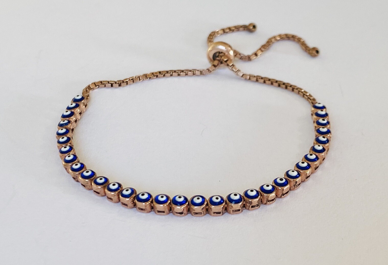 925 Sterling Silver Rose Gold Color Vermeil Evil eye Link Chain Bolo Bracelet