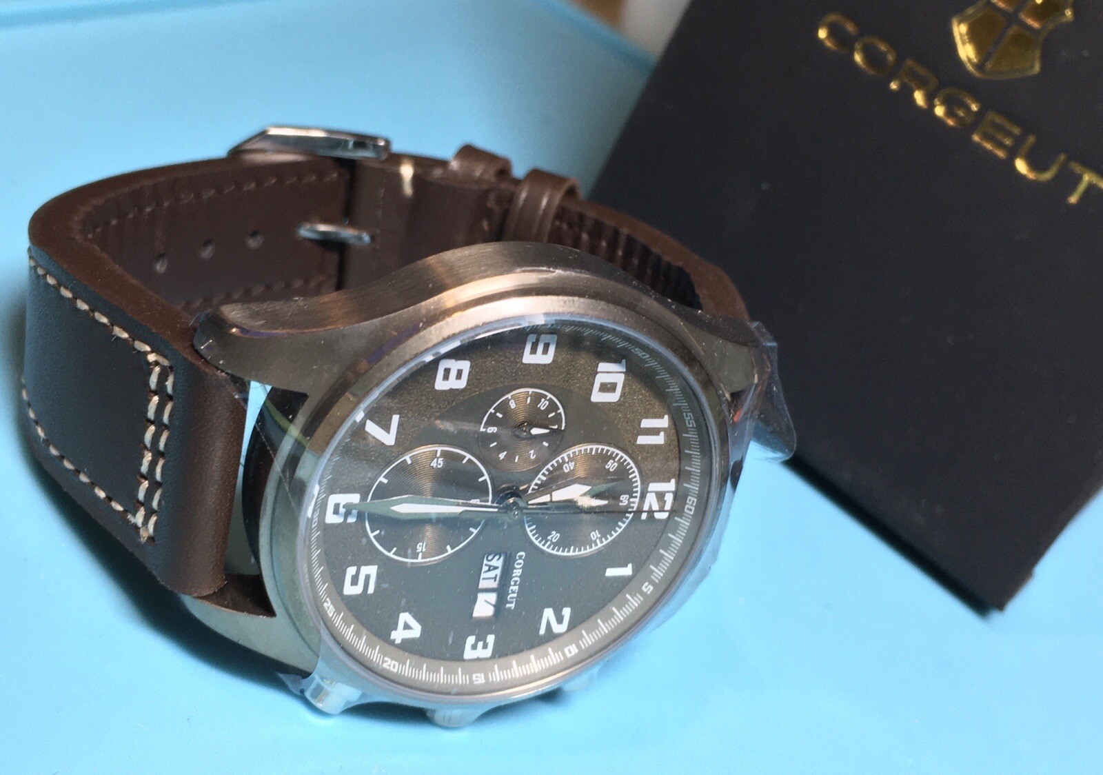 CORGEUT BRONZE DIAL CHRONO WATCH STAINLESS STEEL DAY DATE QUARTZ PILOT WATCH NEW