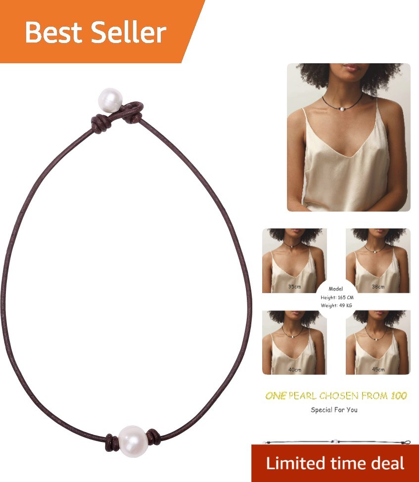 Chic 15-Inch Freshwater Pearl Choker with Brown Leather – Ideal for Any Occasion