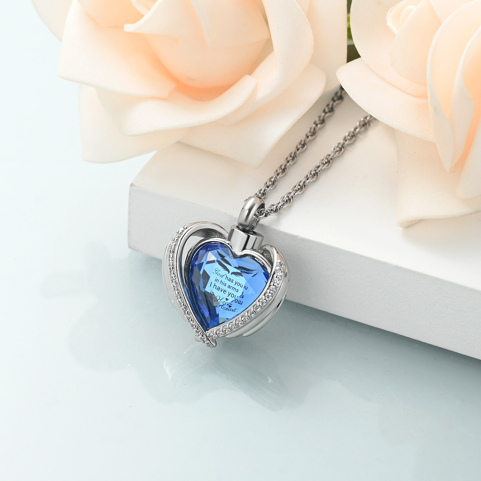 Angel Wings Cremation Jewelry for Ashes Pendant – Crystal Heart Ash Urn Necklace