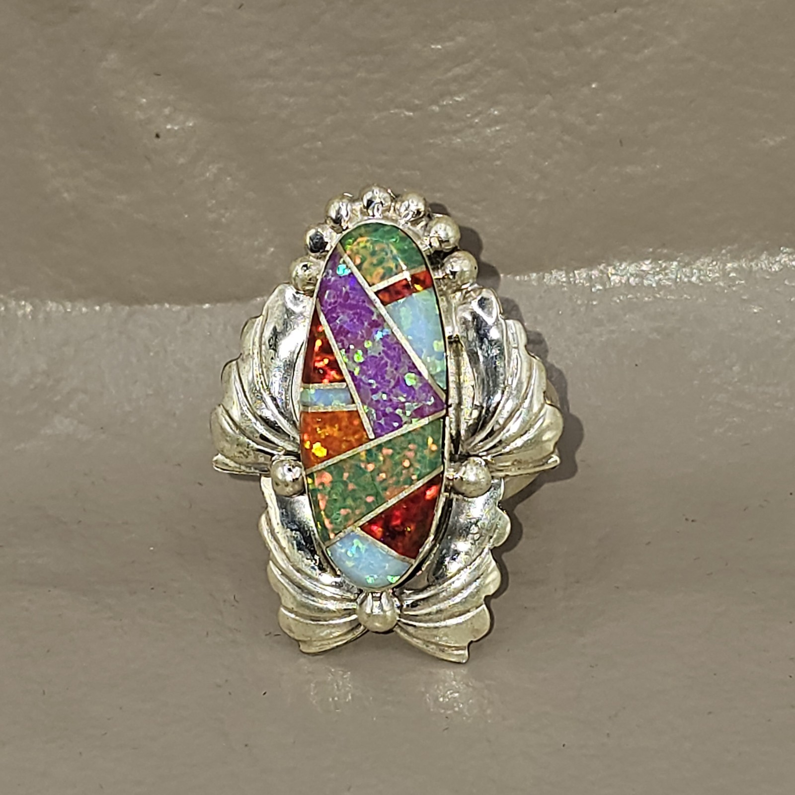 NEW! Zuni Made Opal Inlay Sterling Silver Statement Ring Size 8.5 Signed
