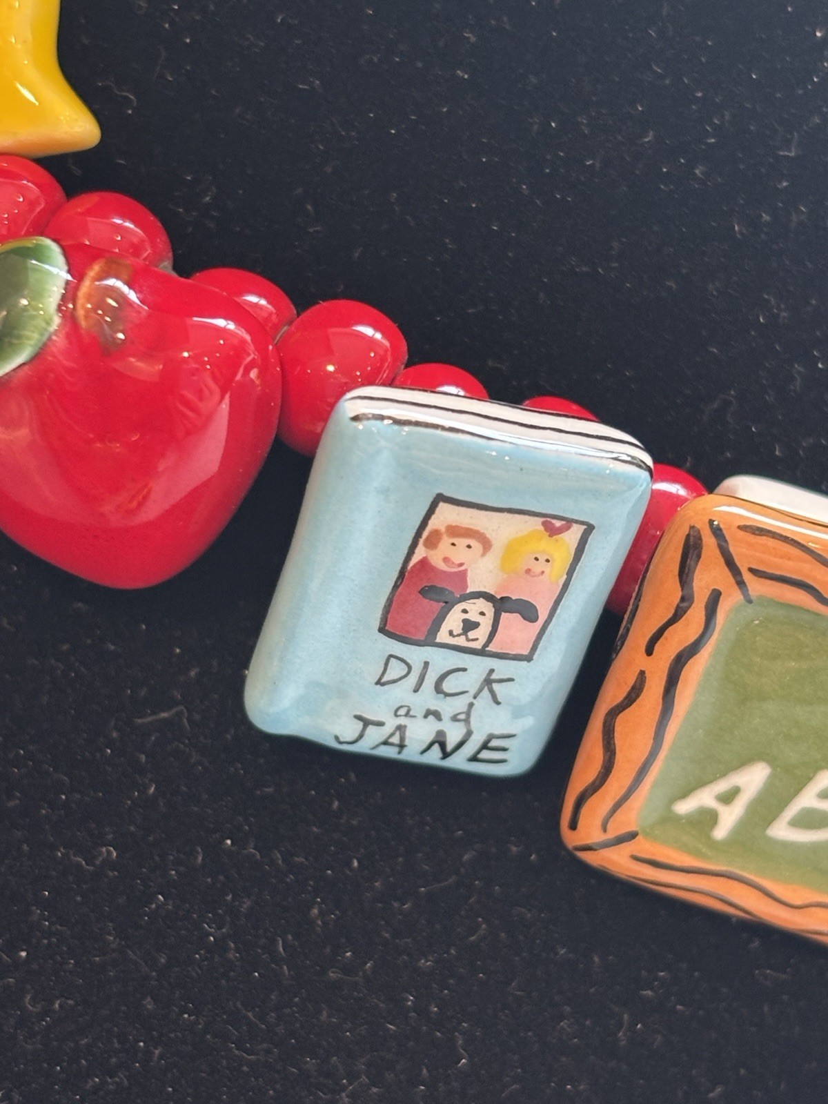 Vintage Flying Colors Ceramic School Bus Teacher Necklace Dick Jane 1980s