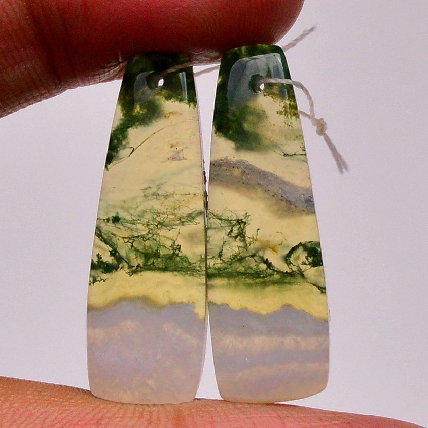 25Cts Natural Moss Agate Gemstone Cabochon Front Drill Earrings 28x8mm #P2569