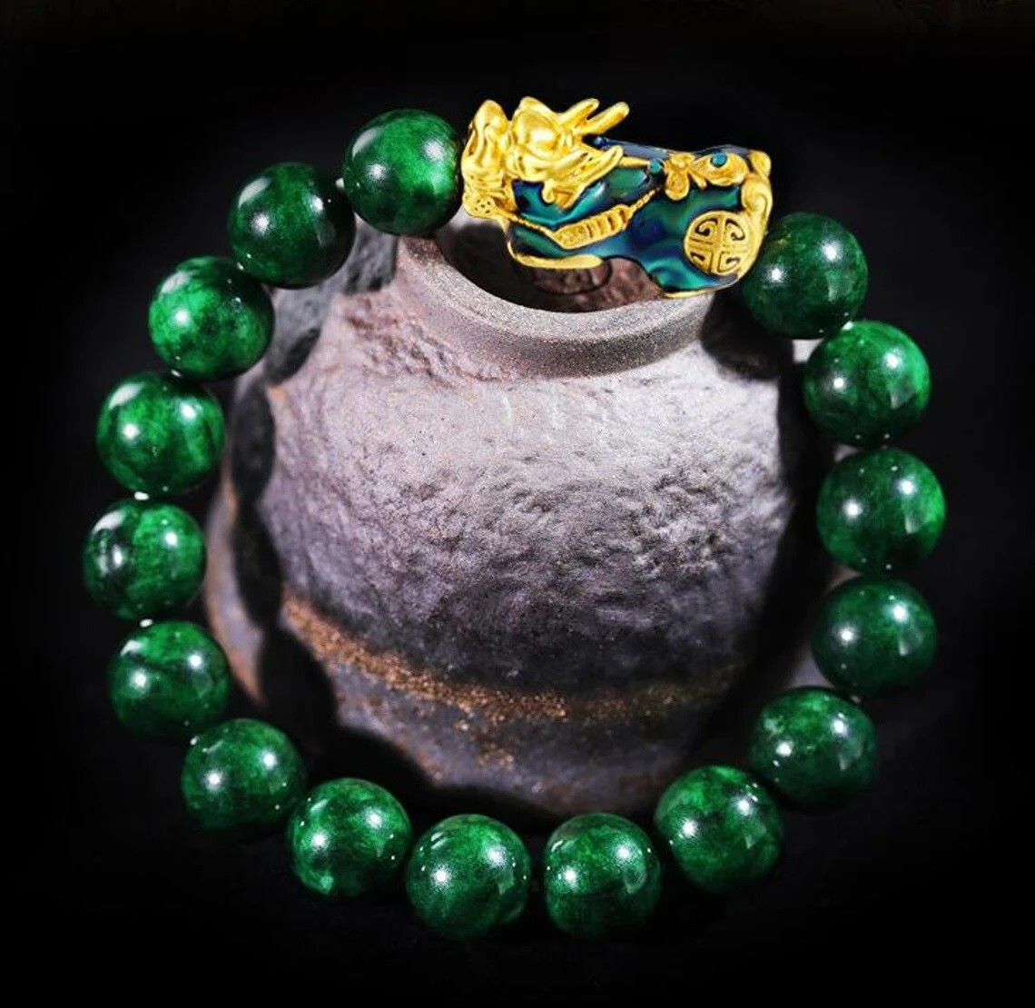 Dragon Protection Bracelet 10mm Green Jade Bracelet Pixiu Charm Bracelet