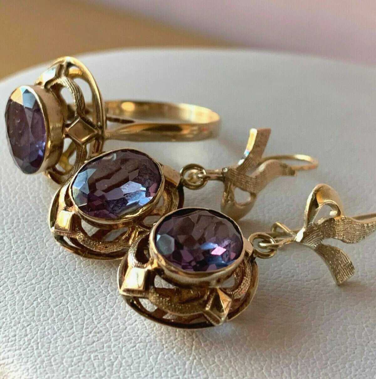 VINTAGE 14K RING & EARRINGS COLOR CHANGE PURPLE SAPPHIRE SET OF 2 CUSTOM MADE