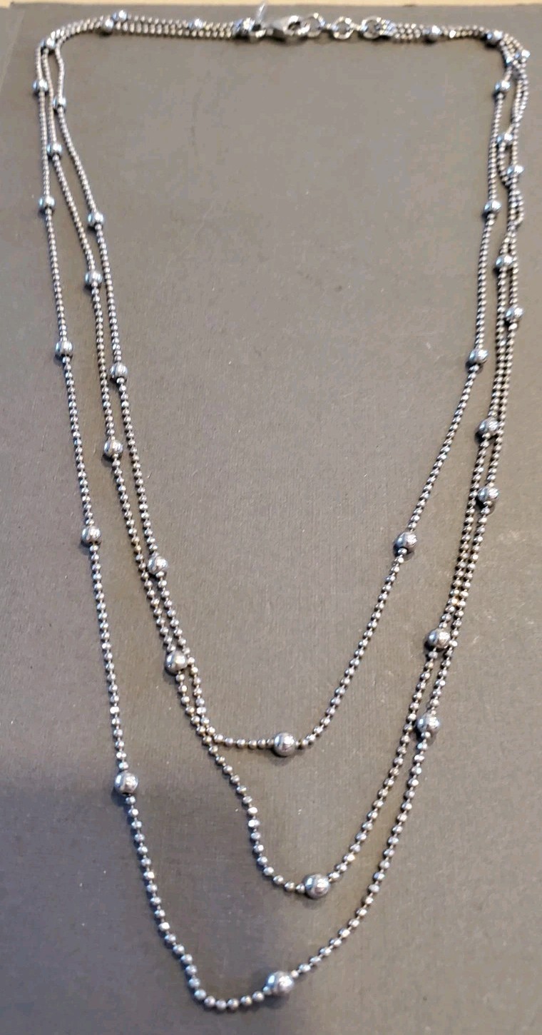 3 STRAND STATION BALL CHAIN 925 STERLING SILVER NECKLACE 9.1 GRAMS 17 1/2″ ITALY