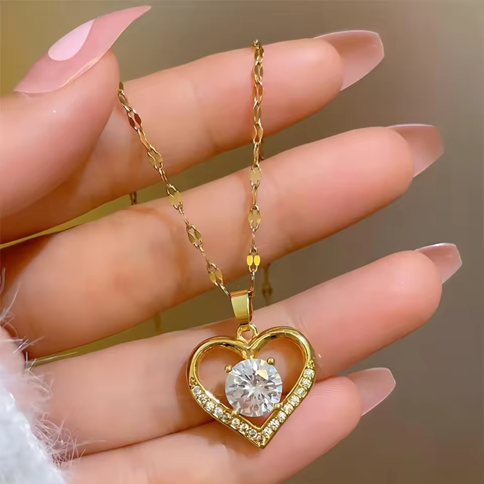 Trendy Heart Stainless Steel Zirconia Necklaces For Women Girls Love Gold Color
