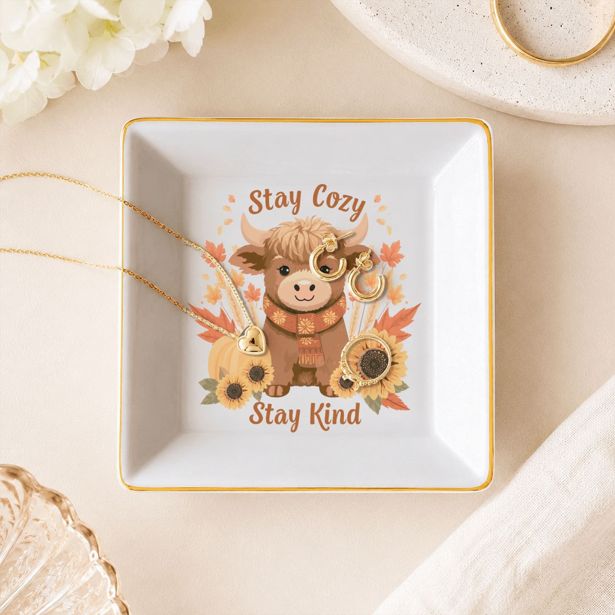 Stay Cozy Stay Kind Highland Cow Fall Jewelry Dish Trinket Ring Holder Autumn