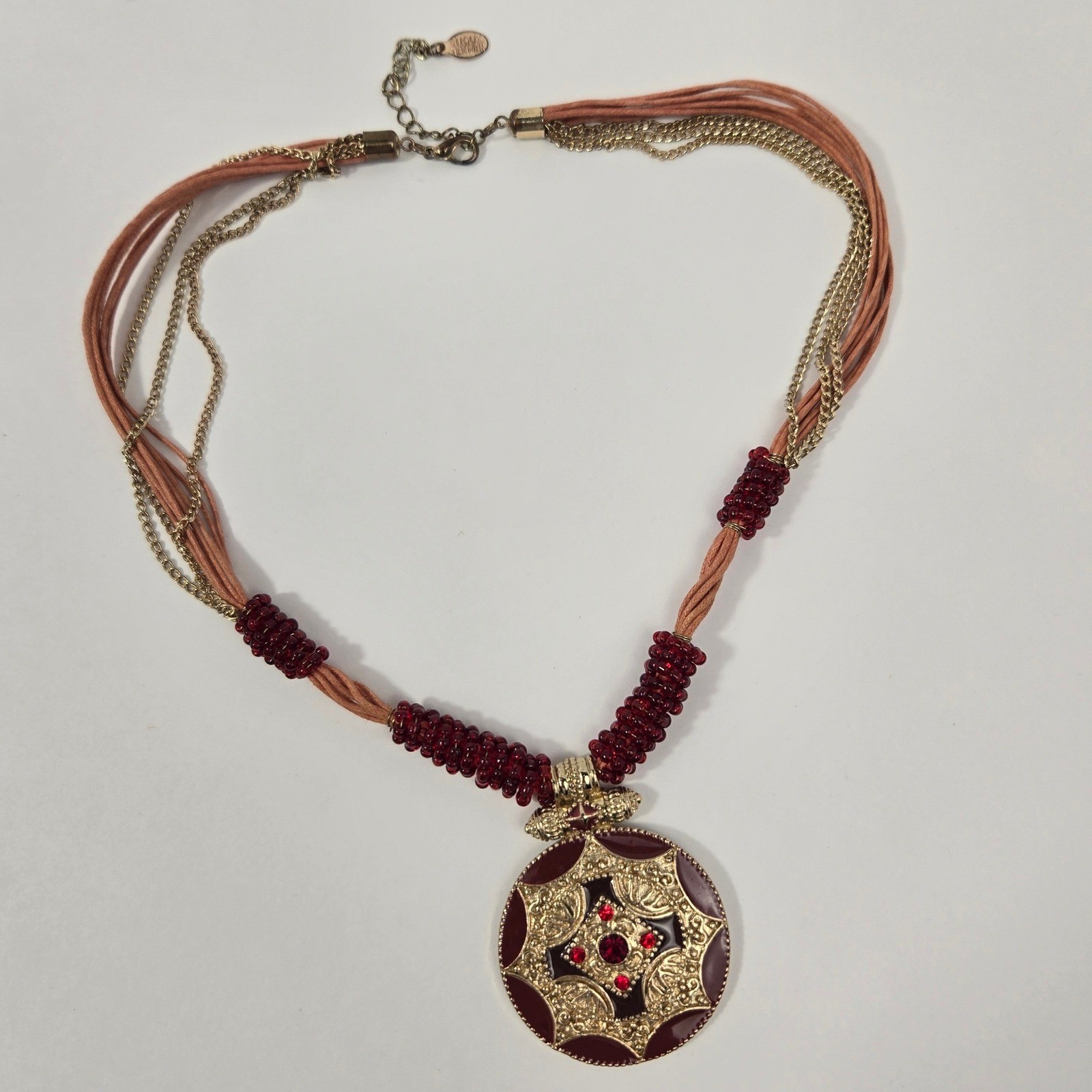 Bijoux Terner Red Enamel Gold Tone Medallion Multi Strand Statement Necklace